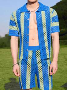 Manfinity CasualKnits Men's Knitted Set, Short Sleeve Top And Shorts, Minimalist, Fashion, Casual Everyday