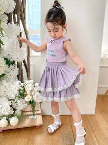 DAZY Young Girl Contrast Lace Ruffle Hem Short Skirt - Purple - View 5