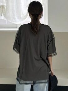 DAZY Loose Casual Mesh Layering Women T-Shirt, Minimalist Fashion For Everyday Oversized T-Shirt