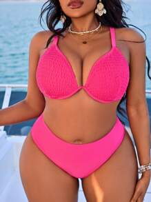 Bộ đồ bơi bikini có gọng nhún bèo cỡ lớn cho nữ, giải trí và ngày lễ, cho kỳ nghỉ hè ở bãi biển - Màu Hồng Tươi - Xem 1