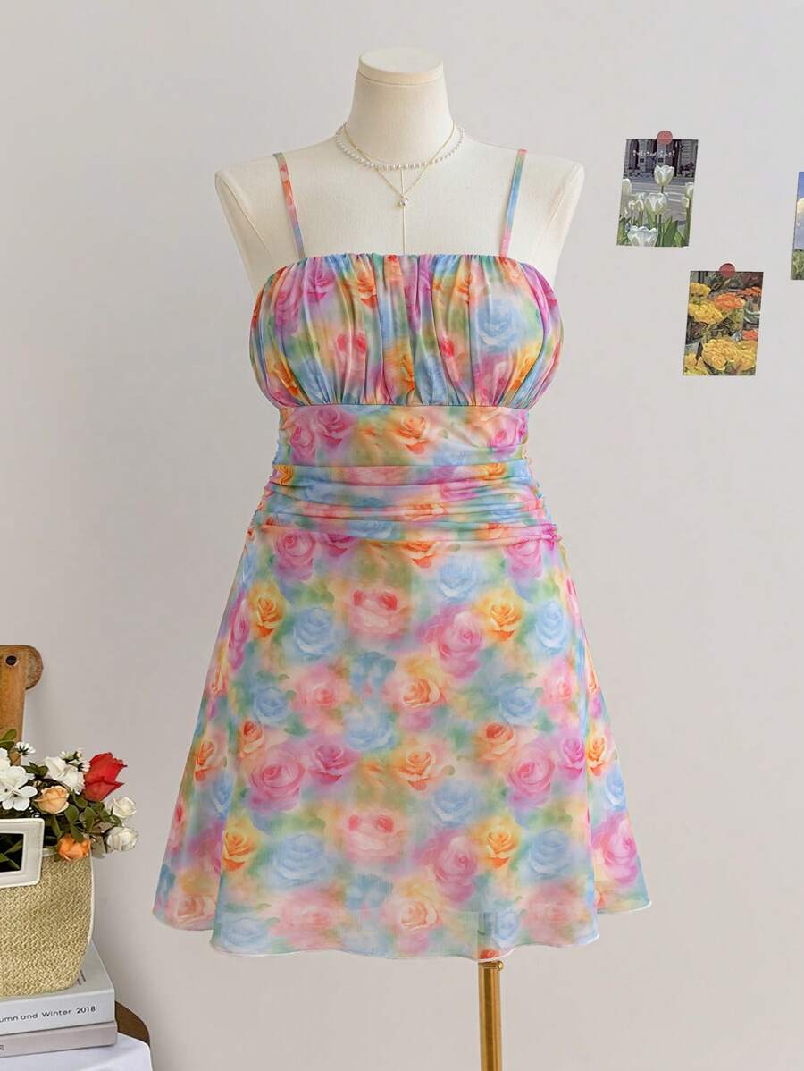 Soleia 大码女式彩色网状印花无袖褶皱休闲连衣裙，春季 - 彩色 - 查看 1