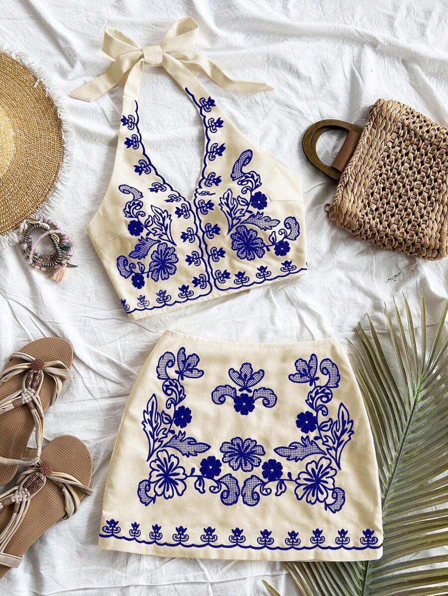 Soleia 2 件套：杏色背景蓝色花卉刺绣露背短款上衣，带后系带和 A 字迷你裙，度假装 - 藍色 - 查看 1