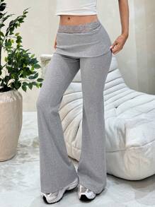 Comfortcana 女式纯色蕾丝下摆修身喇叭裤