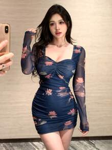 DAZY Women Ditsy Floral Mesh Patchwork Waist Fitted Mini Dress,Fall Dress - Navy Blue - View 10