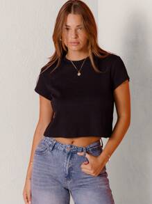 Aralina Jet Black Cropped Hem Capped Sleeve Tee