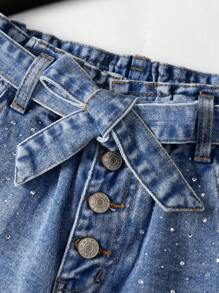 Tween Girl' New Fashionable Denim Shorts With Ruffled Waist And Rhinestone Design