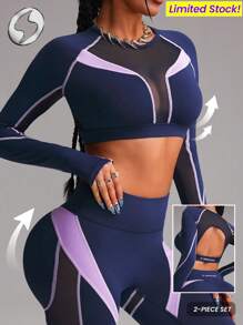 Innovista 女士运动服二合一套装，撞色拼接短款长袖运动上衣和运动紧身裤，两件套健身服，透气网眼镂空高弹速干健身上衣和裤子，高腰收腹裤和塑形垫，适合拳击、舞蹈、徒步、露营、越野、排球、音乐节、派对等场合，蓝色，春季装备，情人节，比基尼，秋季泳装，女士清爽浅蓝色