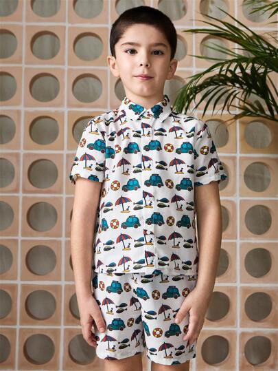 Boys Sets Short Sleeve Shirt And Shorts, Simple Fashionable Casual Everyday Wear
