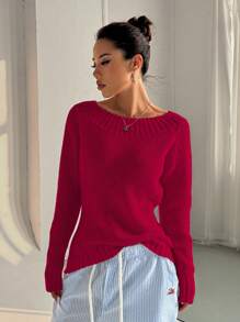SHEIN Unity Suéter de manga larga de un solo color con cuello asimétrico y hombros asimétricos, de doble uso, para otoño/invierno, tejido de punto - Rojo - Ver 5