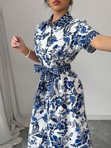 Elenzga Casual Vacation Style Collared Tied Waist Button Up Porcelain Printed Flare Dress - Multicolor - View 5