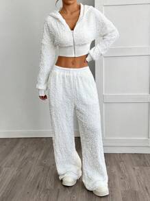 SHEIN EZwear Bộ 2 áo nỉ và quần lấp lánh, trang phục thường ngày đơn giản thời trang - trắng - Xem 4