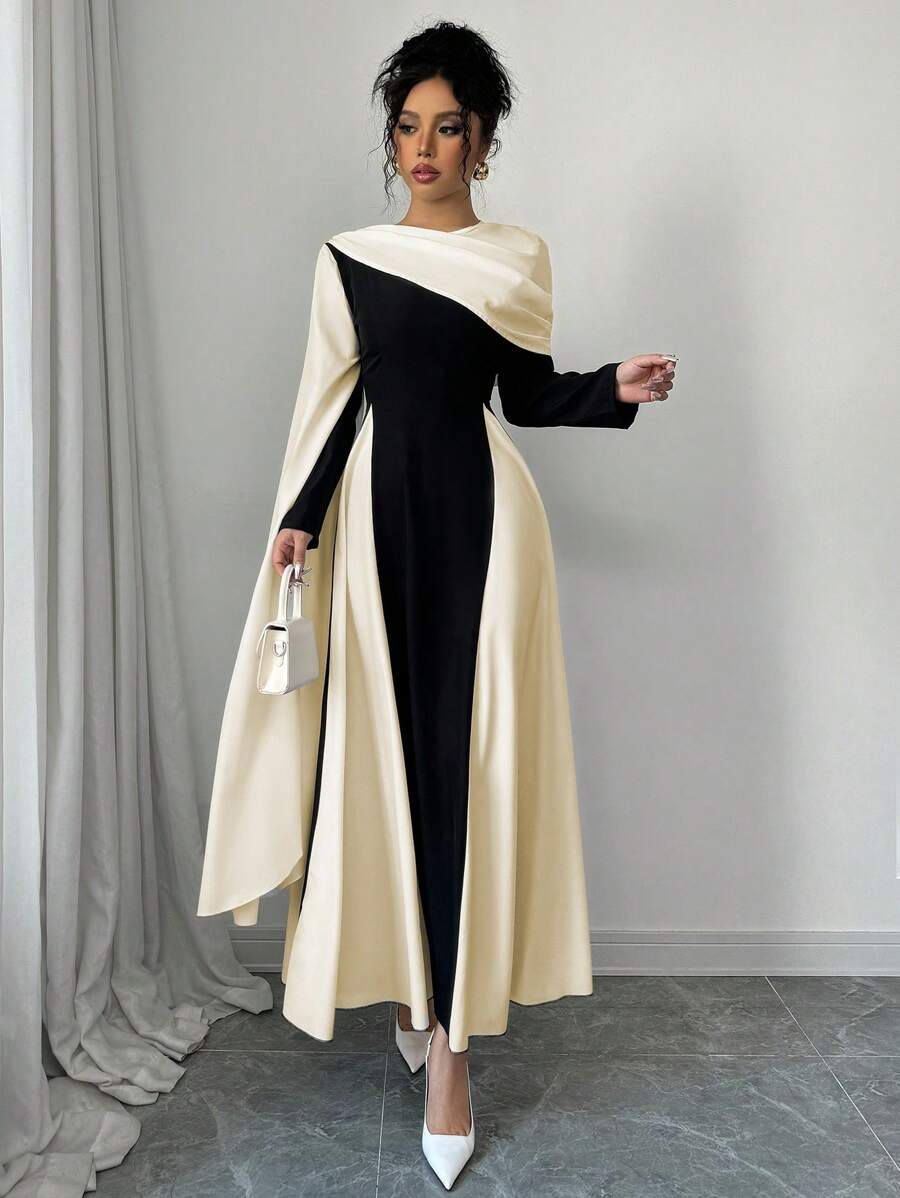 Rafferiza Vestido elegante de mujer con cuello redondo, mangas extra largas fluidas y bloque de color con pliegues - Albaricoque - Ver 1
