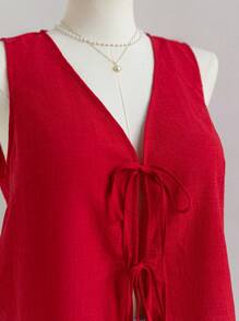 Soleia 大码女式无袖V领开襟系带宽松休闲上衣 - 紅色 - 查看 6