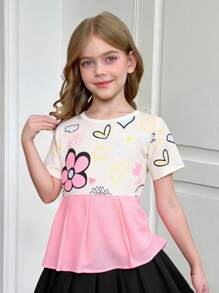 SHEIN Tween Girls' Loose Casual Patchwork Floral Print Round Neck Ruffle Hem T-Shirt - Pink - View 1