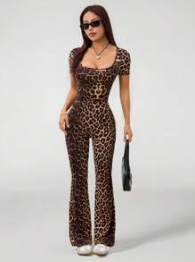 SHEIN PETITE Women's Autumn Leopard Print Square Neck Short Sleeve Flare Fashion Jumpsuit - Brown - View 1