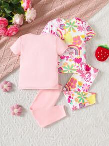 Baby Girl 4pcs Cute Strawberry & Rainbow Graphic Crew Neck Short Sleeve Top And Leggings Comfy Sleepwear Set - Pink - View 2