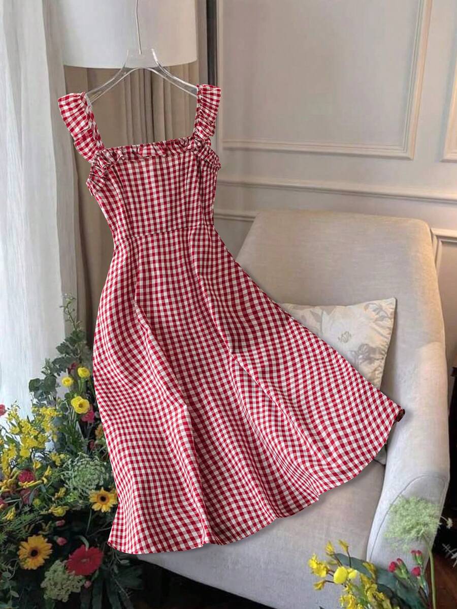 Franclia Women's Casual Vacation Red Plaid Spaghetti Strap Fitted A-Line Midi Dress, Spring/Summer - Red and White - View 1