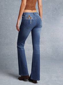 WESTFADE Mid Rise Summer Western Floral Embroidered Back Pocket Denim Flare Jeans Country Music Festival