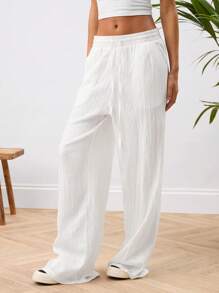 Manfinity BRENVOR Unisex Casual Pleated High Waist Drawstring Straight Leg Pants, Solid Color, Suitable For Daily Wear - White - View 7