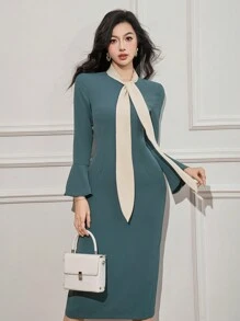 DAZY Neuer Sommerstil Patchwork Kontrastfarben Schleife Träger Maxikleid für Frauen Herbst,Winter