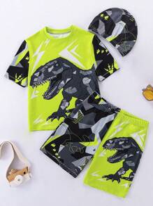 SHEIN 3 Piece Young Boys Boys Casual Sports Swimsuit With Dinosaur Pattern Kids Outfits Young Boy Clothes Back To School Boys Set Suitable For Outdoor Swimming Suitable For Daily Use Suitable For School Suitable For Travel Suitable For Sports Suitable For Spring, Summer, Autumn And Winter Seasons