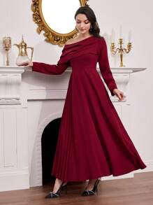 Modelyn Oblique Collar, Pleated Hem Patchwork Long Sleeve Women Long Dress Fall Cloth For Women - Burgundy - View 8