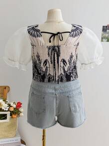 Soleia Blusa de manga abullonada con estampado retro para mujer talla grande