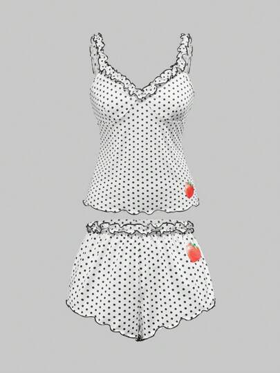 Kawaii Vintage French Polka Dot Strawberry Print Ruffle Hem Women Camisole Pajama Set, Casual
