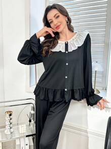 Conjunto de pijama de mujer con volantes y encaje romántico