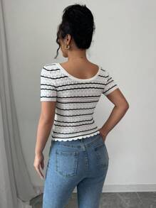 Chiquease 女士撞色条纹短袖针织上衣 - 白色 - 查看 2