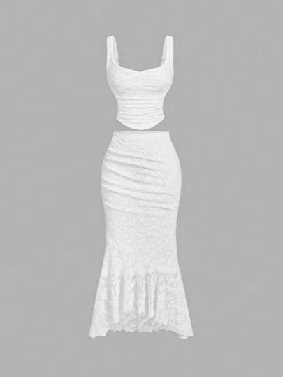 SHEIN MOD White Lace Vest Fishtail Skirt Two-Piece Set Dreamy Formal Set,Prom Set,Cruise Women Outfits, Clothes,90s Outfit,Fall Sets,Korean Fashion,Corpse Bride,Bridesmaid Set,Dinner Outfit,Birthday Women Outfits,Homecoming,Ruffle Set,Renaissance