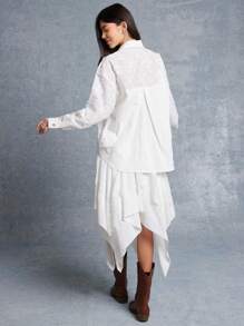 WESTFADE Spring Floral Applique Contrast Fabric Lightweight Long Sleeve Button Down Shirt - Beige - View 4