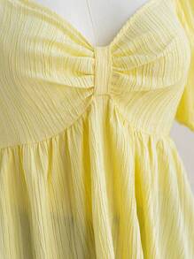 Soleia 大码纯色女式泡泡袖蝴蝶结前摆荷叶边农民休闲夏季衬衫，黄色，开学可爱午餐休闲服，适合复活节 - 黃色 - 查看 4