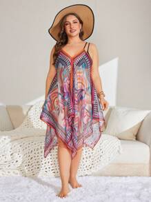 SHEIN Swim Curve Plus Size Women's Sleeveless Print Patchwork Beach Cover Up, For Summer Vacation