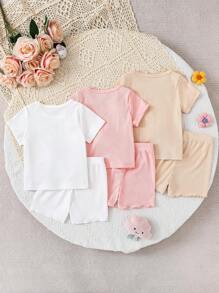 Bộ 2 áo thun tay ngắn cổ tròn dệt kim mềm mại đơn giản dễ thương cho bé gái và quần short cạp chun viền cuộn, màu hồng/trắng/be, 3 bộ, cực kỳ bắt mắt, thích hợp mặc trong nhà và ngoài trời vào mùa xuân/hè - Nhiều màu - Xem 2