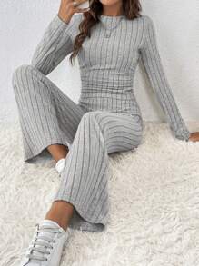 SHEIN Frenchy Plus Size Round Neck Long Sleeve Casual Top And Pants 2 Pieces Set