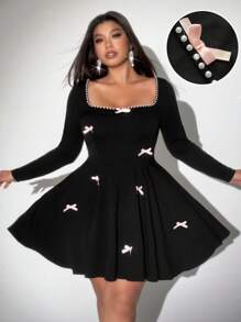 Viva Relle Plus Size Women Elegant Ruffle Trim Bow Decor Flare Sleeve Romantic Date Party Dress