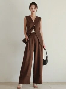 DAZY 2pcs Women Spring/Summer Elegant Set: Fitted V-Neck Vest & Wide Leg Pants In Solid Color