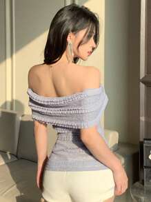 DAZY Camiseta de verano nueva de mujer con hombros descubiertos, texturizada y ajustada
