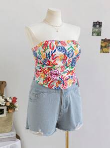 Soleia Plus Size Women's Colorful Retro Paisley Print Bandeau, Suitable For Holiday, Autumn/Winter