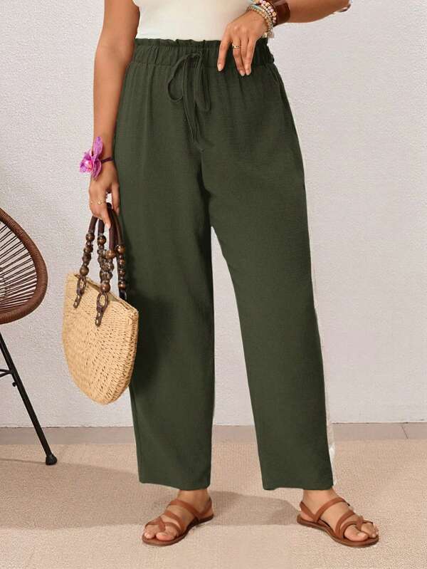 Travachic Plus Size Solid Color Front Tie Waist Simple Design Casual Pants, Daily Wear