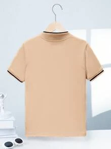 SHEIN Tween Boy Intarsia Pattern Knitted Polo Shirt With Stand Collar - Khaki - View 2