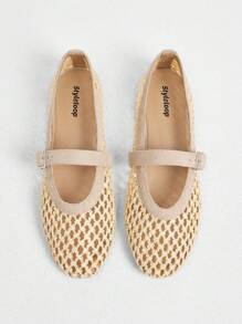 Styleloop 时尚方头休闲派对/办公室扣带透气镂空网眼一脚蹬平底鞋，杏色波西米亚西部音乐节派对装 - 杏色 - 查看 3