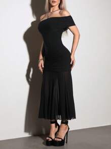 SHEIN ICON Black Mermaid Prom Dress, Elegant Fitted Open Shoulder With Mesh Panel, Evening Party Dress - Black - View 4