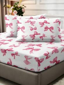 3pcs Watercolor Pink Bow Girly Cute Digital Print Bed Sheet Set (1pc Bed Sheet + 2pcs Pillowcases, No Filler), Soft Daily Polyester Fiber Skin-Friendly For Indoor Bedroom Master Bedroom Guest Room Dormitory, All Season