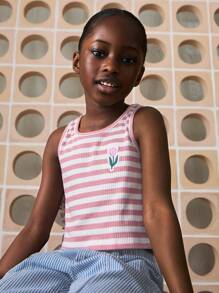 SHEIN Young Girls Floral Embroidered Pink Striped Ruffled Tank Tops & Camis, Casual Everyday Style