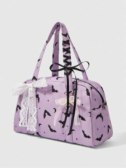 Goth Purple Bat Corduroy Fashion Bow Decor Portable Print Ladies Handbag