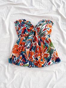 Soleia Top sin tirantes con estampado retro de rosas, cuello con volantes, cintura con twist y bajo en línea A, diseño estilizador para vacaciones, fiesta, cita, Día de San Valentín