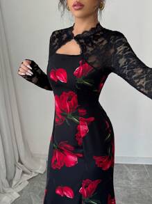 Modelyn Women Woven Patchwork Lace Long Sleeve Hollow Button Ruched Waist Bodycon Dress - Black - View 1