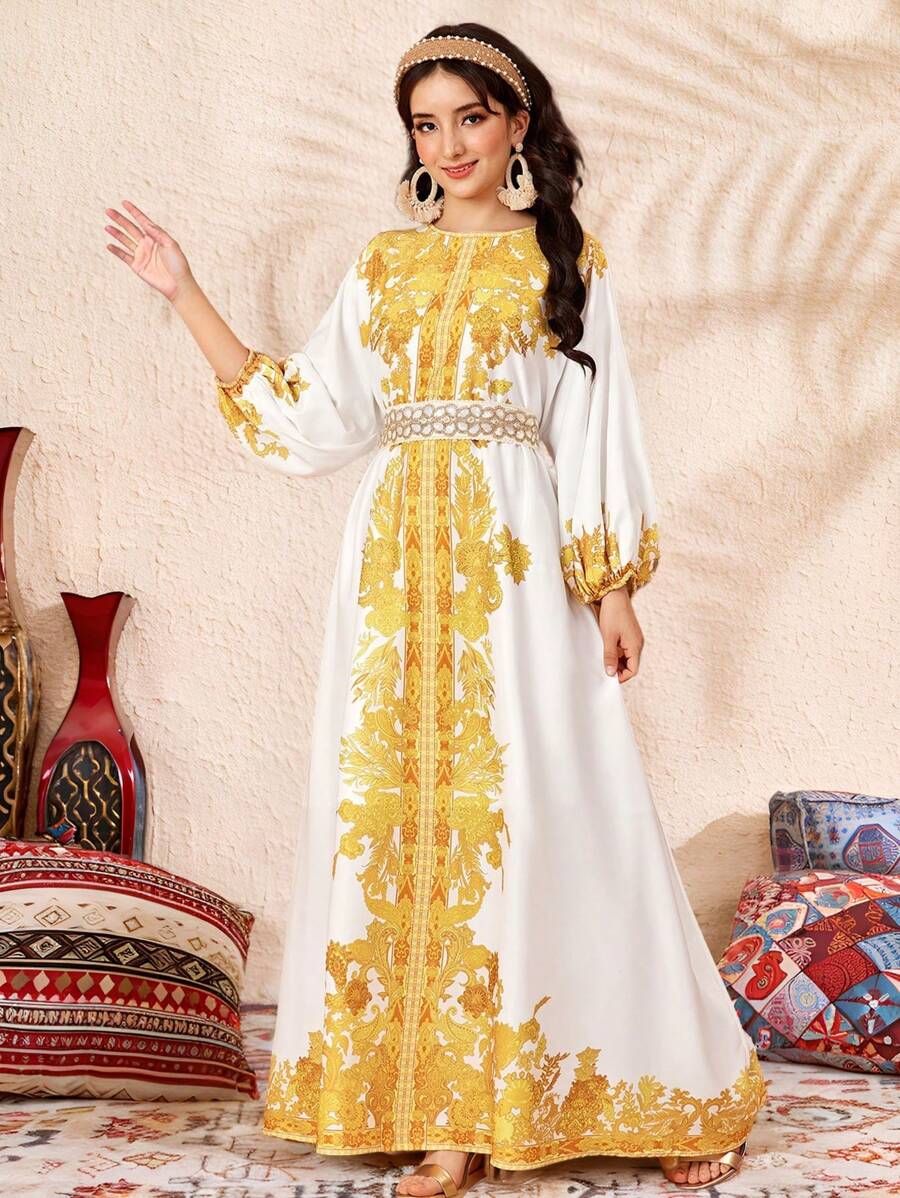 SHEIN Teen Girl's Platinum Crew Neck Puff Sleeve Flowing Elegant Robe ...